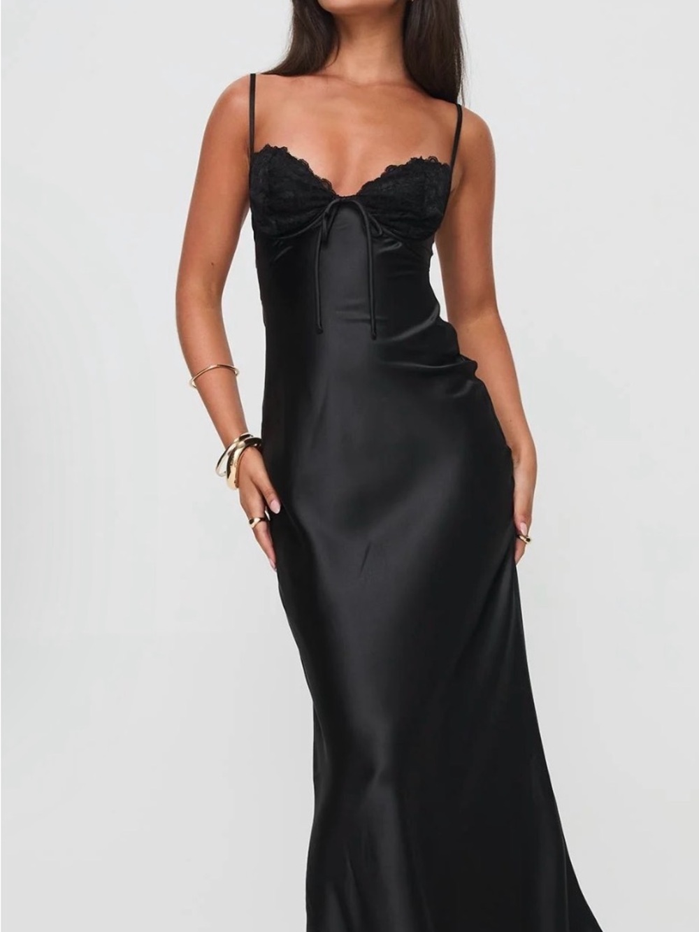 Black Satin Lace Trim Slip Dress - Picture 1 of 4